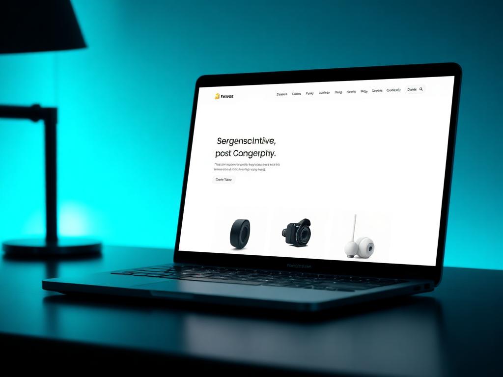 Moderne Website auf einem MacBook mit cyanfarbener Ambientebeleuchtung